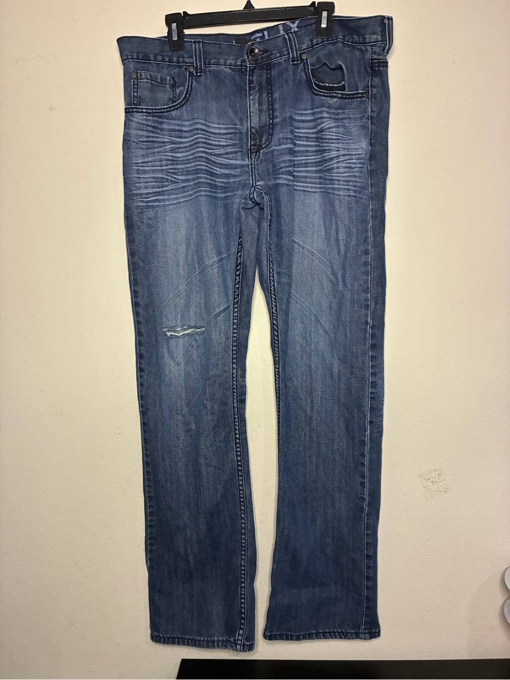 Helix 36x34 Men's Distressed Ripped Slim Boot Blue Denim Jeans
